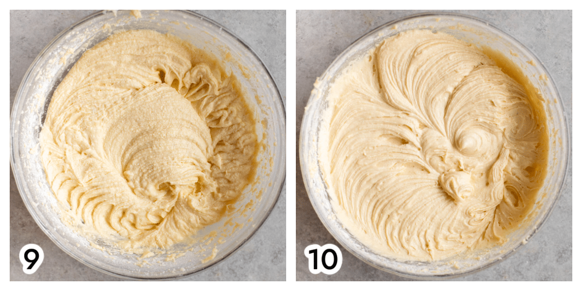 Photo 9 and photo 10 - the eggnog cake batter in the glass bowl at various stages of being beat.