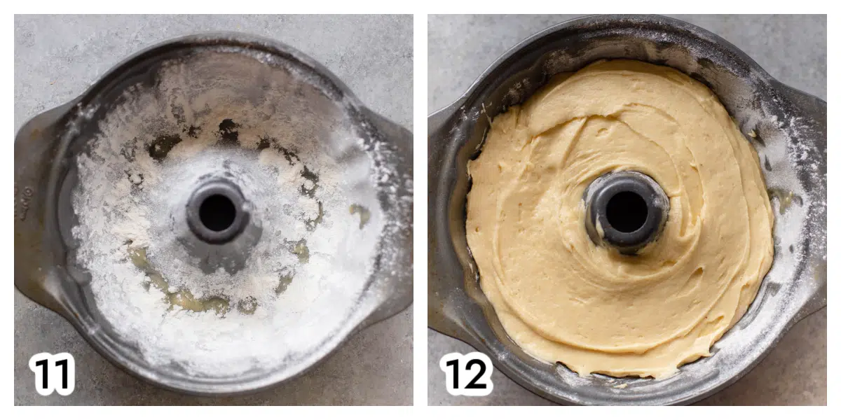 Photo 11 - A bundt pan that has been greased and sprinkled with flour. Photo 12 - the prepared bundt pan with the eggnog cake batter spread evenly inside of it.