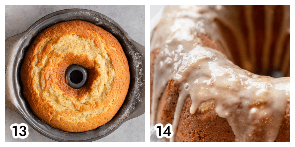 Photo 13 - the baked eggnog bundt cake inside the bundt pan. Photo 14 - the eggnog bundt cake out of the pan with the rum/bourbon glaze.