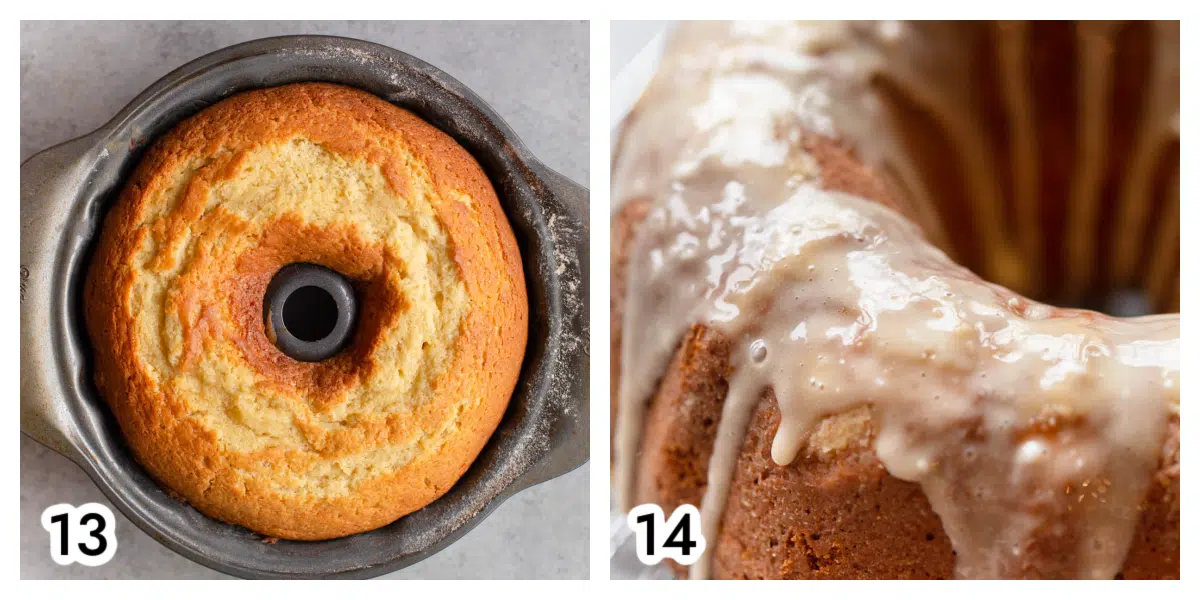 Photo 13 - the baked eggnog bundt cake inside the bundt pan. Photo 14 - the eggnog bundt cake out of the pan with the rum/bourbon glaze. 