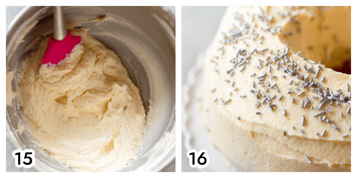 Photo 15 - a silver bowl with butter, powdered sugar, nutmeg, and eggnog beat together. Photo 16 - the bundt cake with frosting and sprinkles on top.