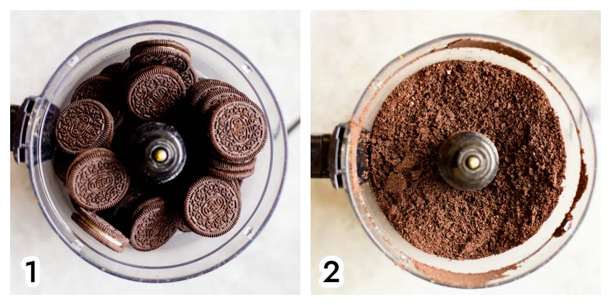 Photo 1 is a large food processor with Oreos in it. Photo 2 - Oreos in the food processor which have been pulsed and formed into crumbs.