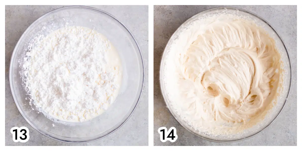 Photo 13 - a glass bowl with whipping cream, powdered sugar, and Baileys in it. Photo 14 - the whipping cream, powdered sugar, and Baileys beat until medium peaks formed.