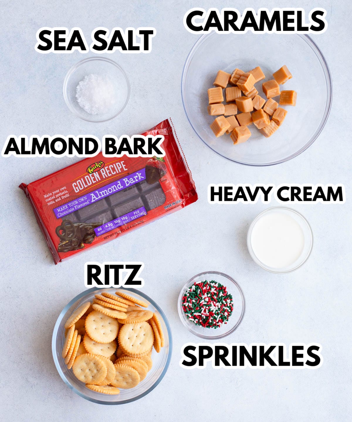 Ingredients in Ritz Cracker Cookies labeled with black text, on a gray background. 