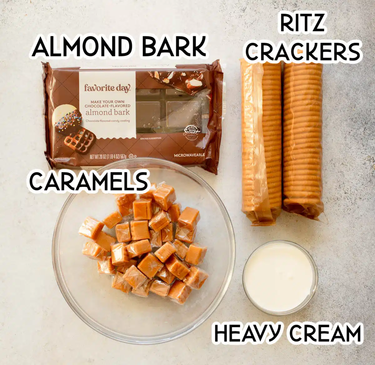 Ingredients in Ritz Cracker Cookies including almond bark, Ritz Crackers, soft caramels, and heavy cream.