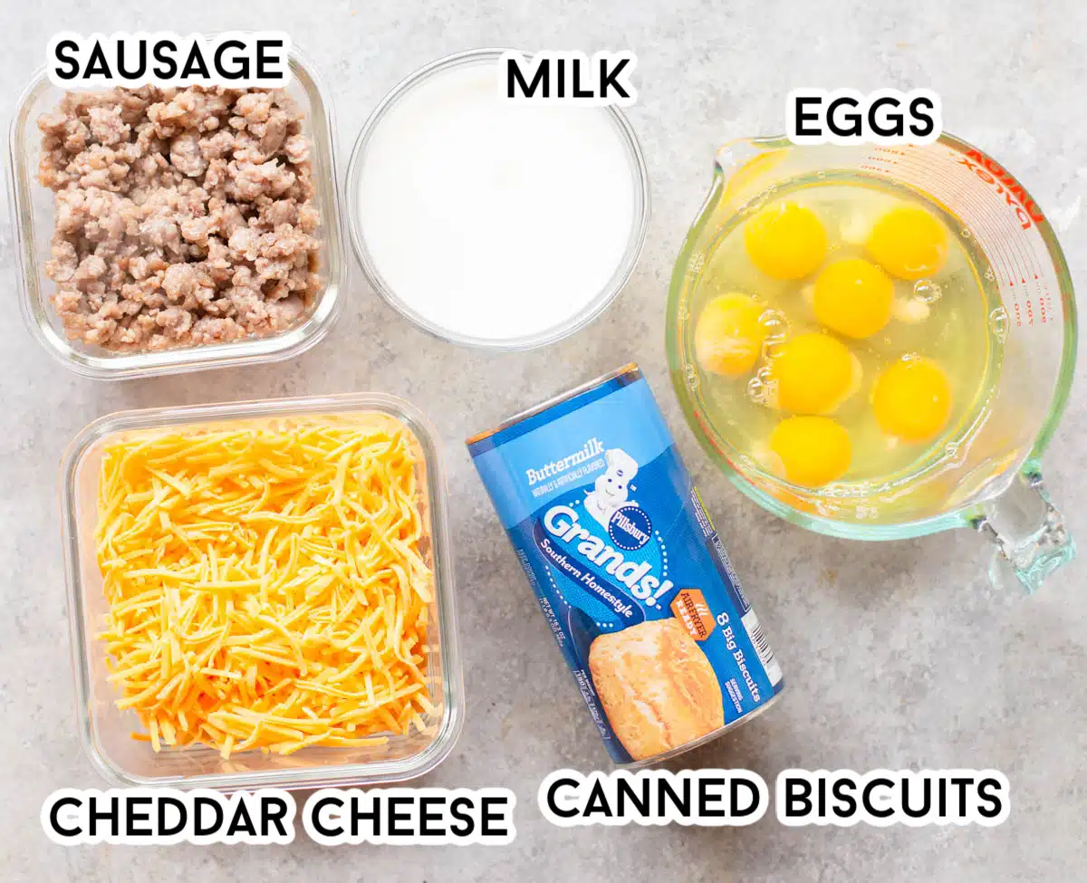 Ingredients in Sausage Egg Biscuit Casserole - breakfast sausage, milk, eggs, cheese, and canned biscuits. 