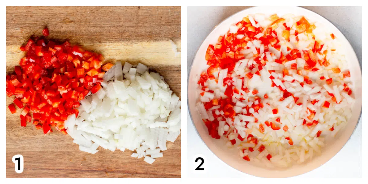 Photo 1 - diced bell pepper and onion on a wooden cutting board. Photo 2 - a white skillet with the diced onion and bell pepper sauteing in olive oil. 