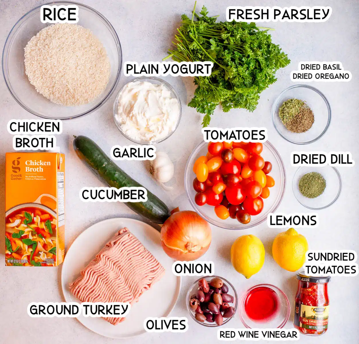 Ingredients in Greek Turkey Rice Bowls.