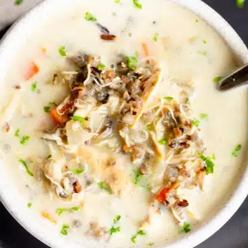 A bowl of chicken wild rice soup with parsley sprinkled on top, in a cream speckled bowl on a black plate. There is a spoon in the bowl of soup.