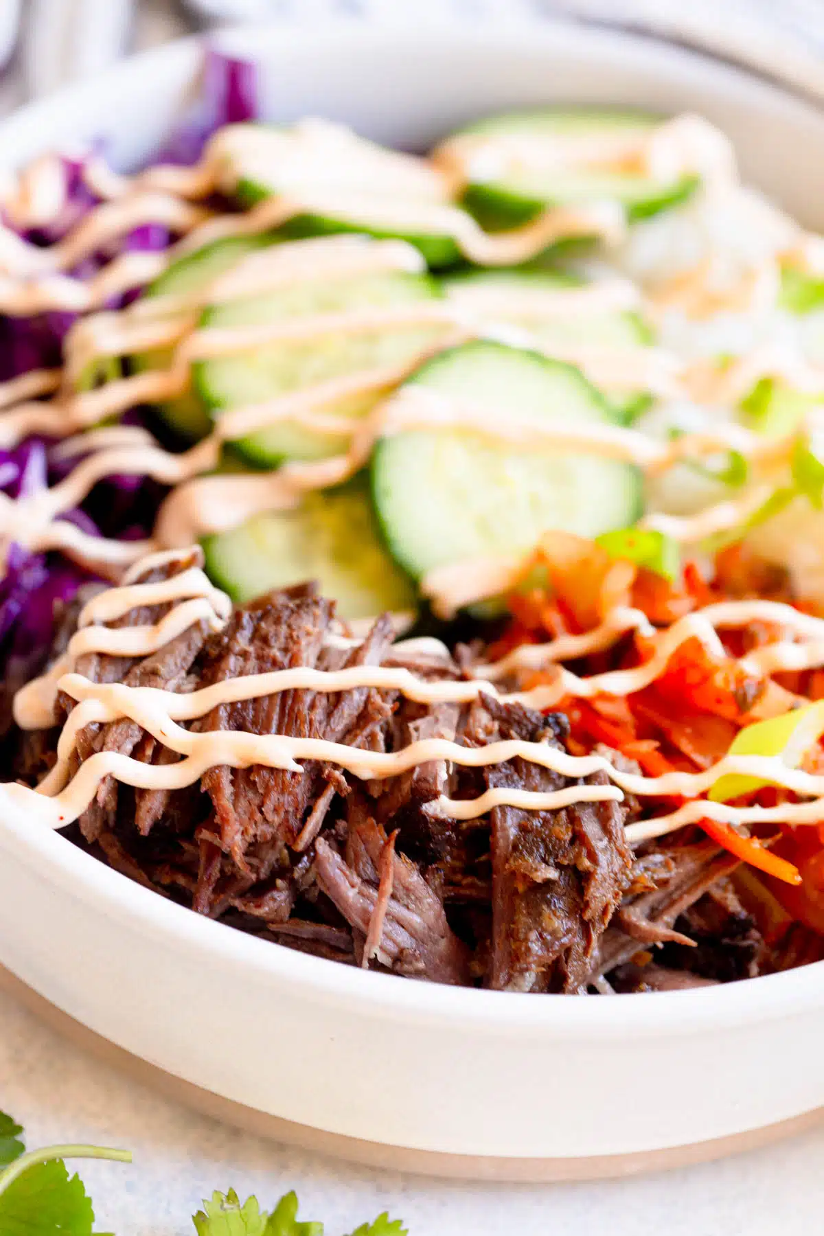 Slow Cooker Korean Beef Burrito Bowls in a shallow white bowl with some cabbage and cilantro on the gray background.