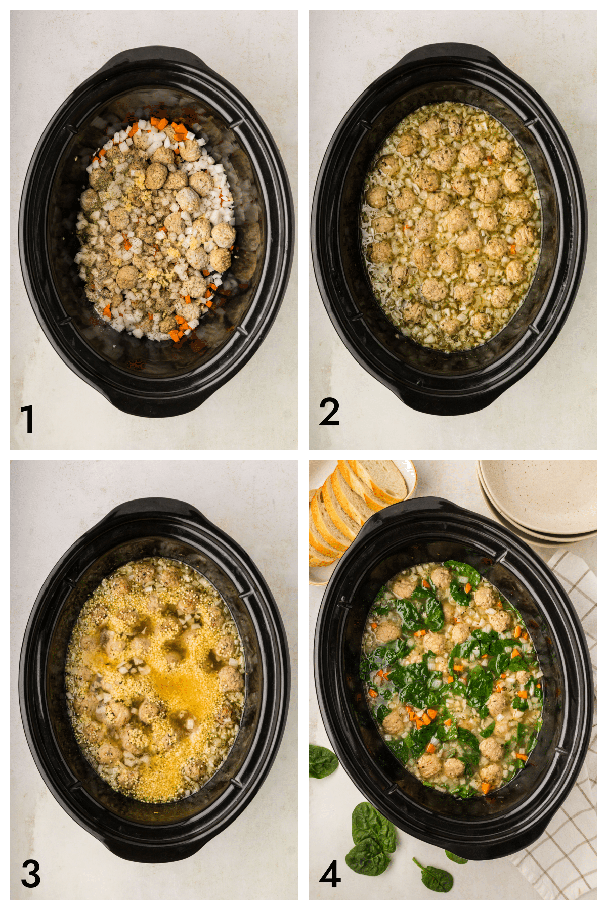 Photos of the step by step instructions to make Italian Wedding Soup in the slow cooker. 