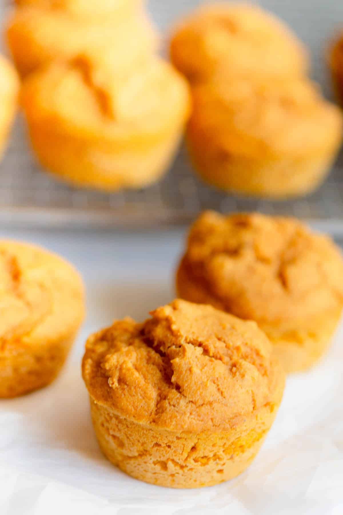 Protein Pumpkin Muffins on a piece of parchment paper. 