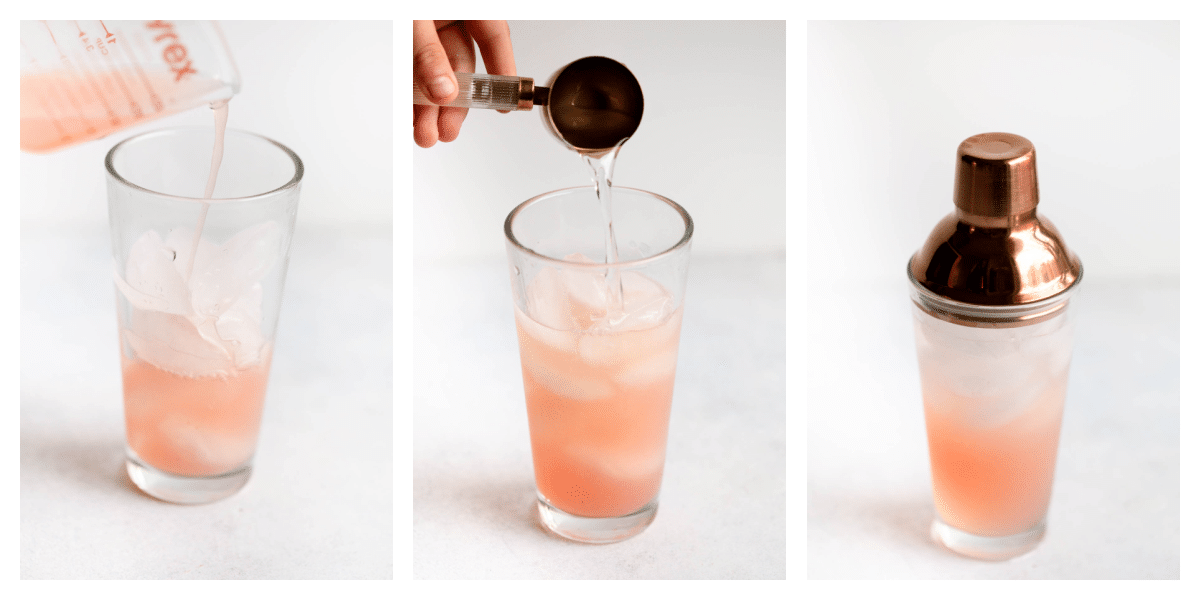 Three photos of a cocktail shaker with grapefruit juice getting poured into it, gin getting poured into it, and with the top on ready to be shaken.