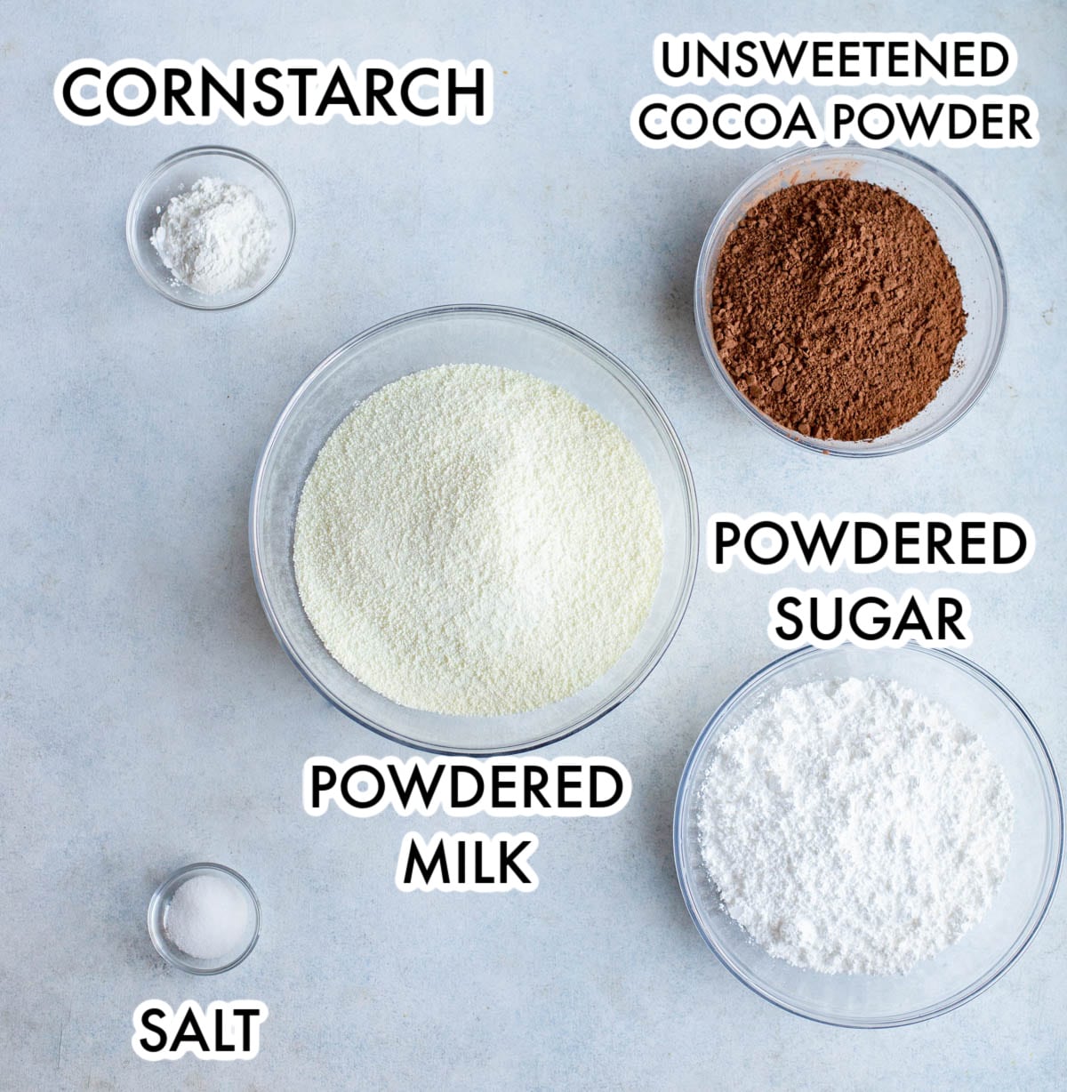 Ingredients in Homemade Hot Cocoa Mix on a gray background. 