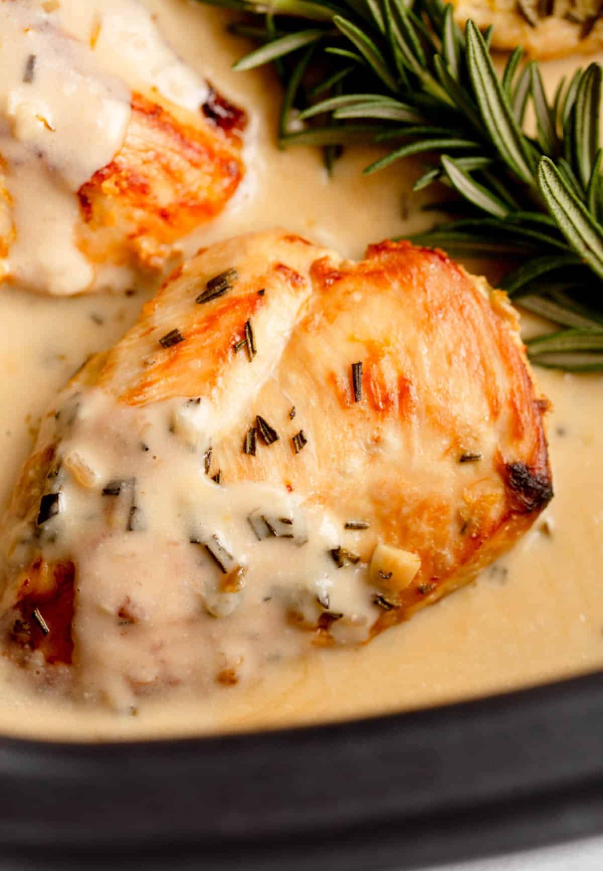 Slow Cooker Creamy Lemon Herb Chicken in the slow cooker surrounded by the lemon sauce with a sprig of rosemary in the background. 