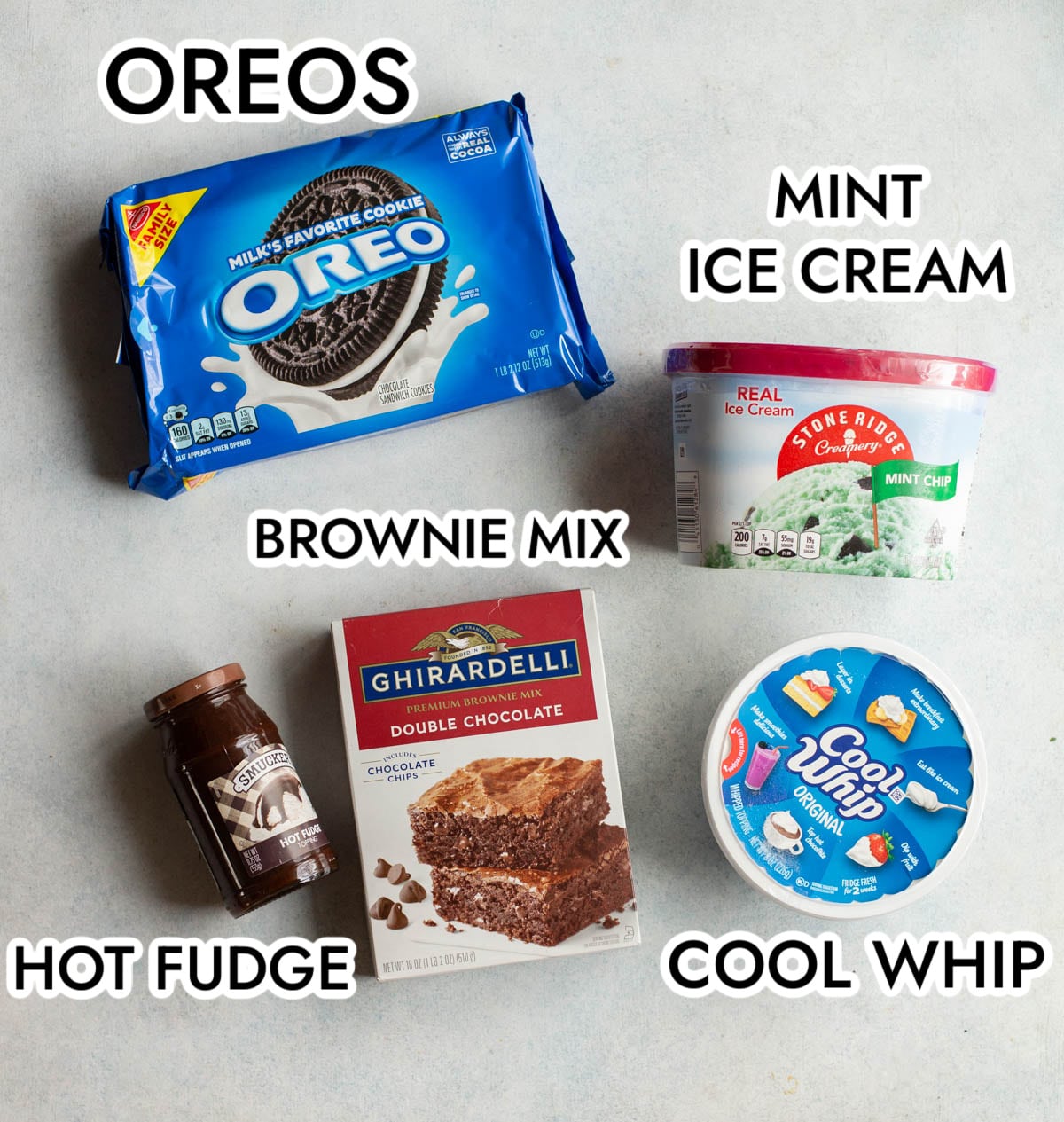 Ingredients in Mint Brownie Ice Cream Bars with a gray background. 