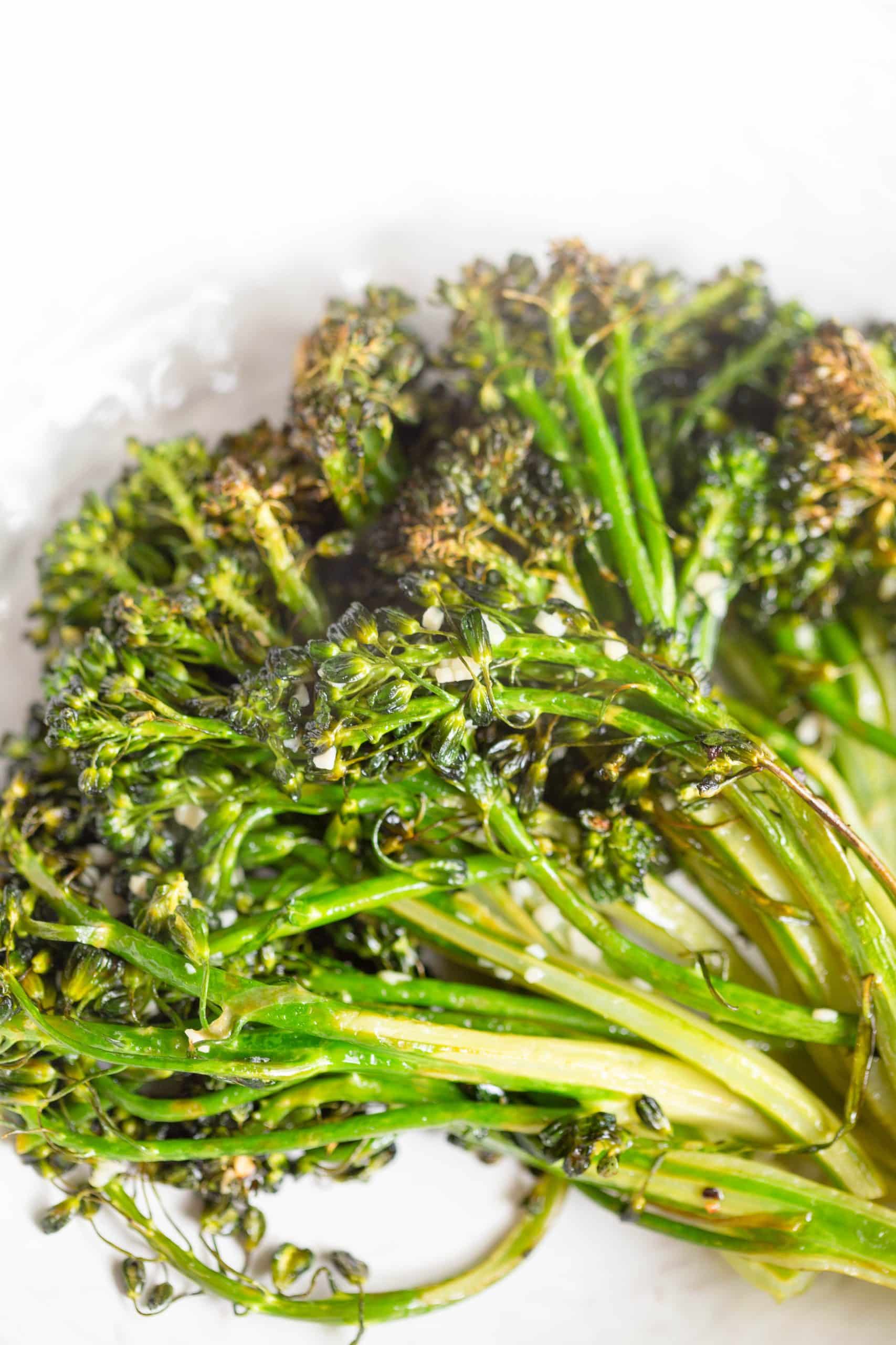 Air Fryer Broccolini in a white bowl. 