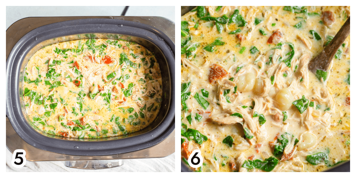 Step by Step photos for making slow Cooker Tuscan Chicken Gnocchi Soup