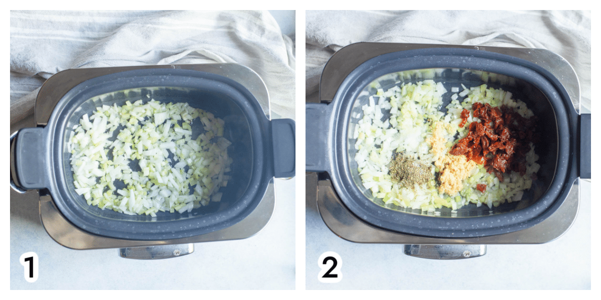 Step by Step photos for making slow Cooker Tuscan Chicken Gnocchi Soup