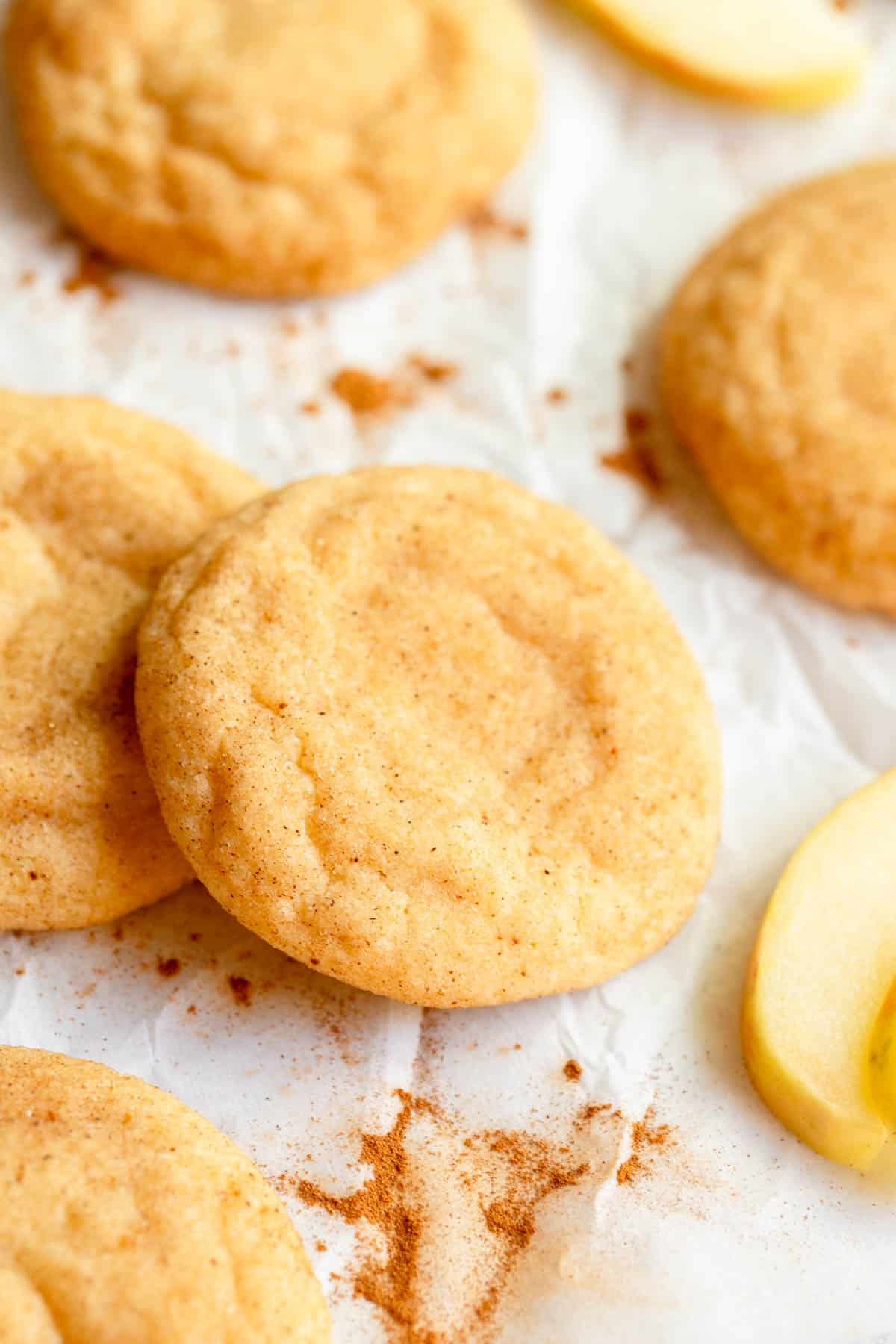 Apple Spice Snickerdoodles on a piece of parchment paper sprinkled with cinnamon. 