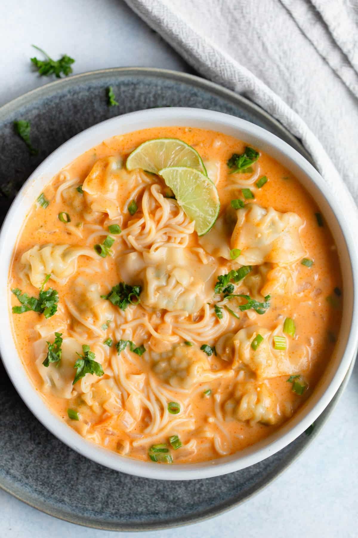 Thai Dumpling Noodle Soup in a white bowl topped with chopped green onions and fresh cilantro. 