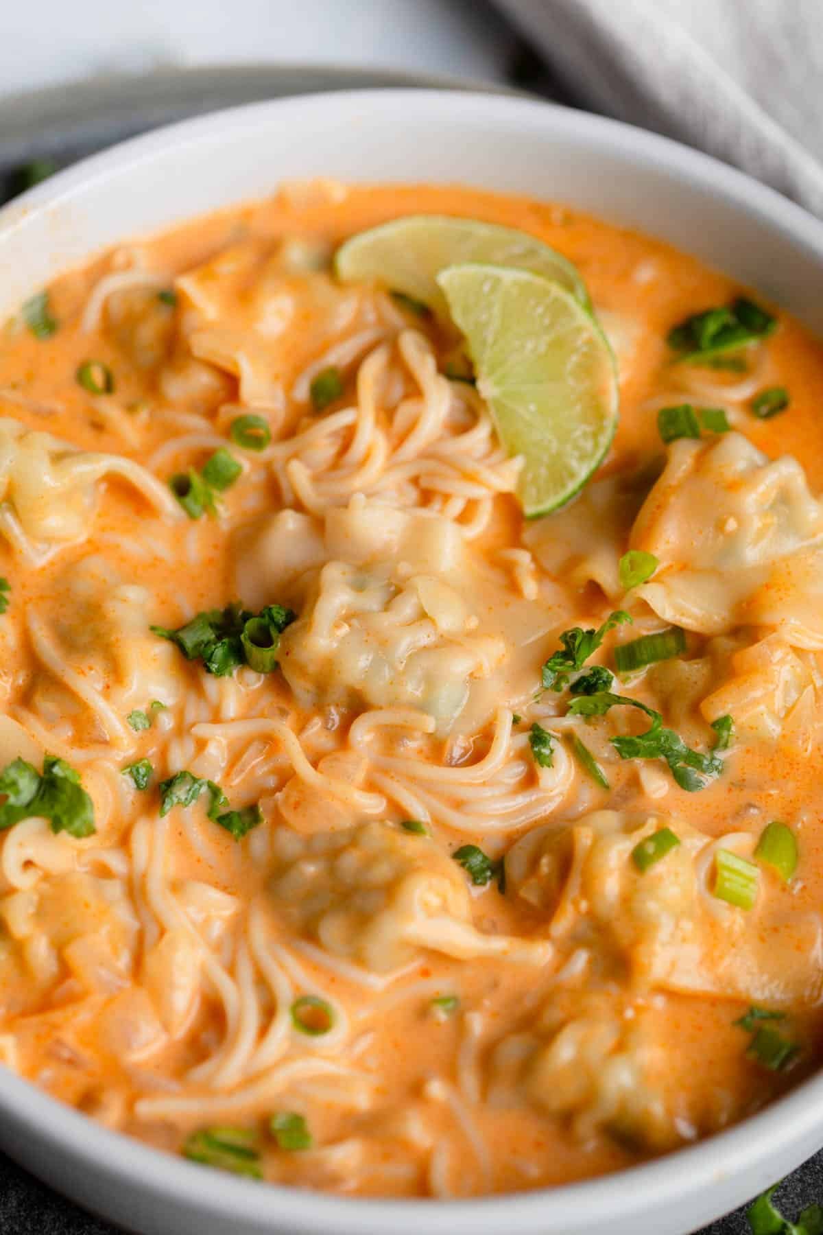 Thai Dumpling Noodle Soup in a white bowl topped with chopped green onions and fresh cilantro. 