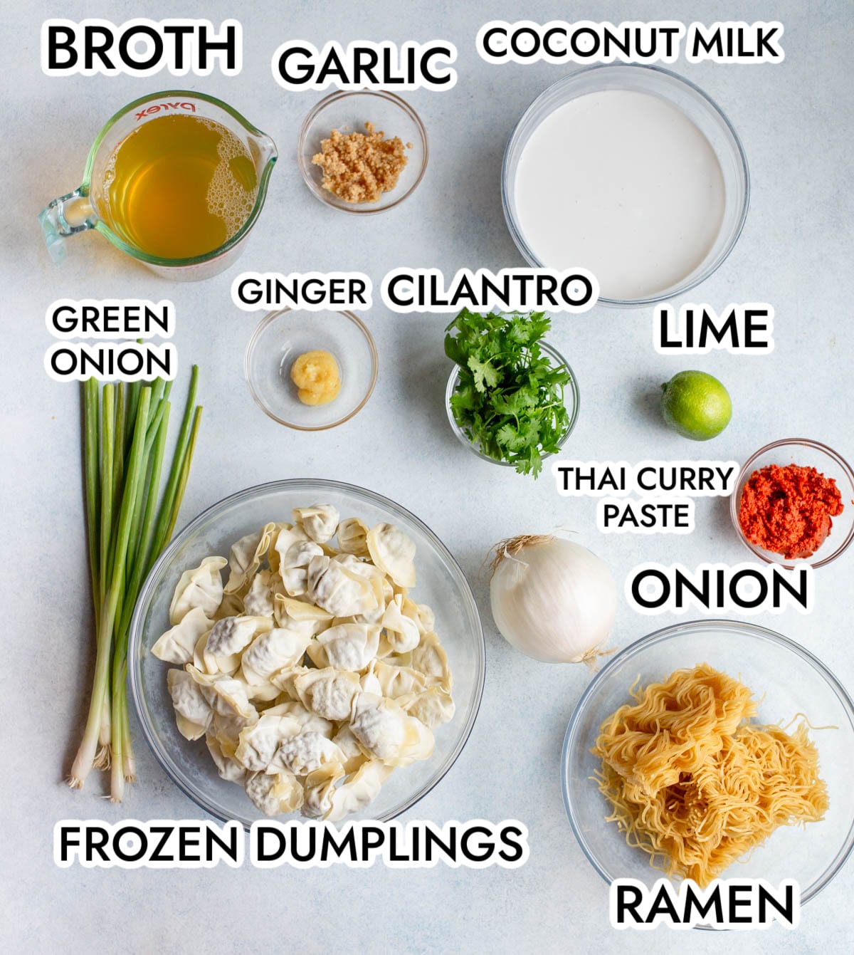 ingredients in thai dumpling noodle soup on a gray background