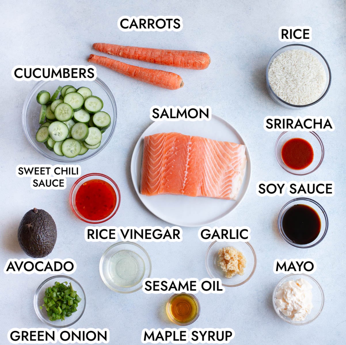 Ingredients in Air Fryer Salmon Bowls on a gray background. 