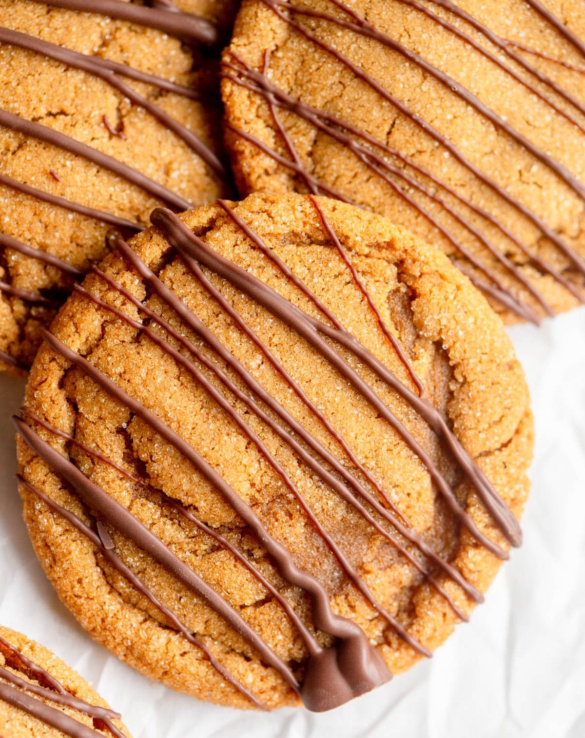 Chocolate Drizzled Ginger Cookies on a parchment paper lined baking sheet. 