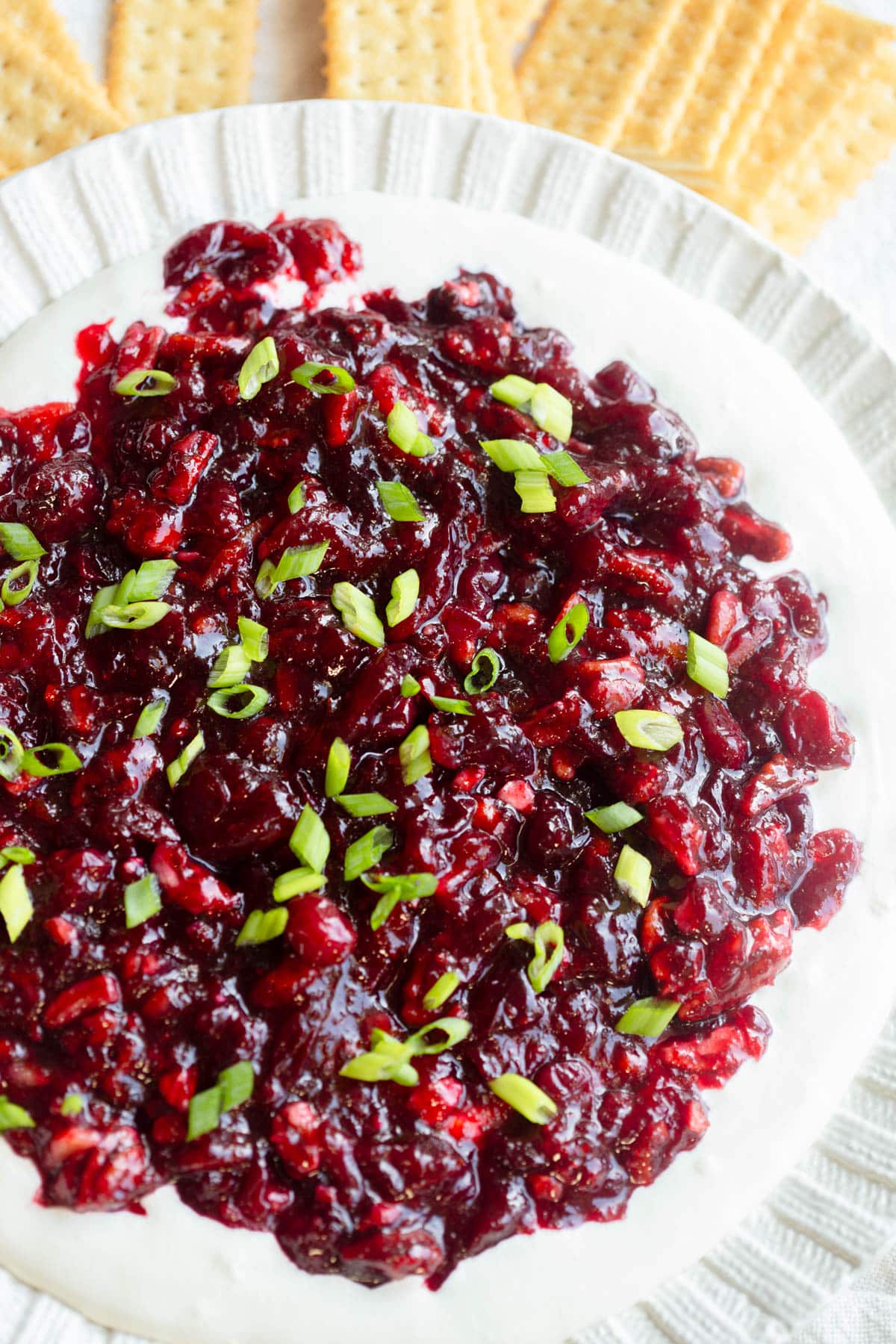 Whipped Goat Cheese with Cranberries on a white plate with crackers in the background. 