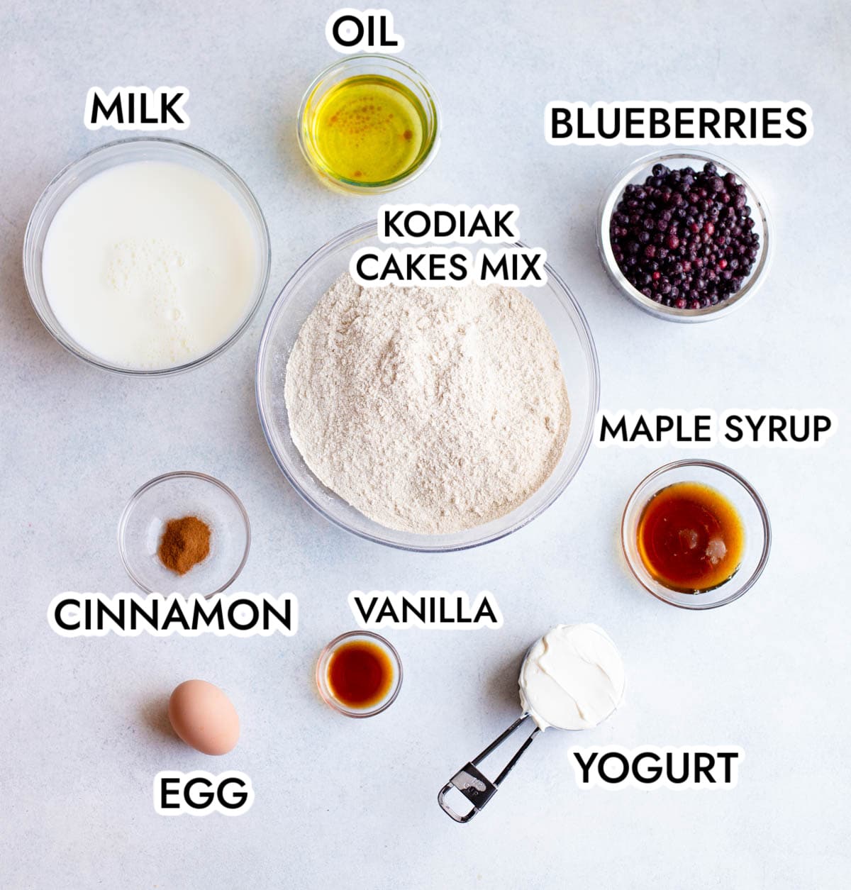 Ingredients in Kodiak Blueberry Muffins on a grape background with black text.