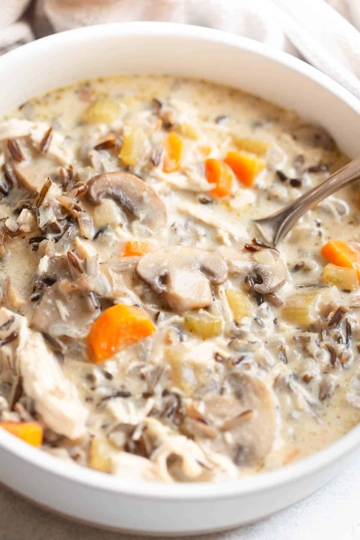 Crockpot Chicken and Mushroom Wild Rice Soup in a white bowl with a silver spoon in it. 