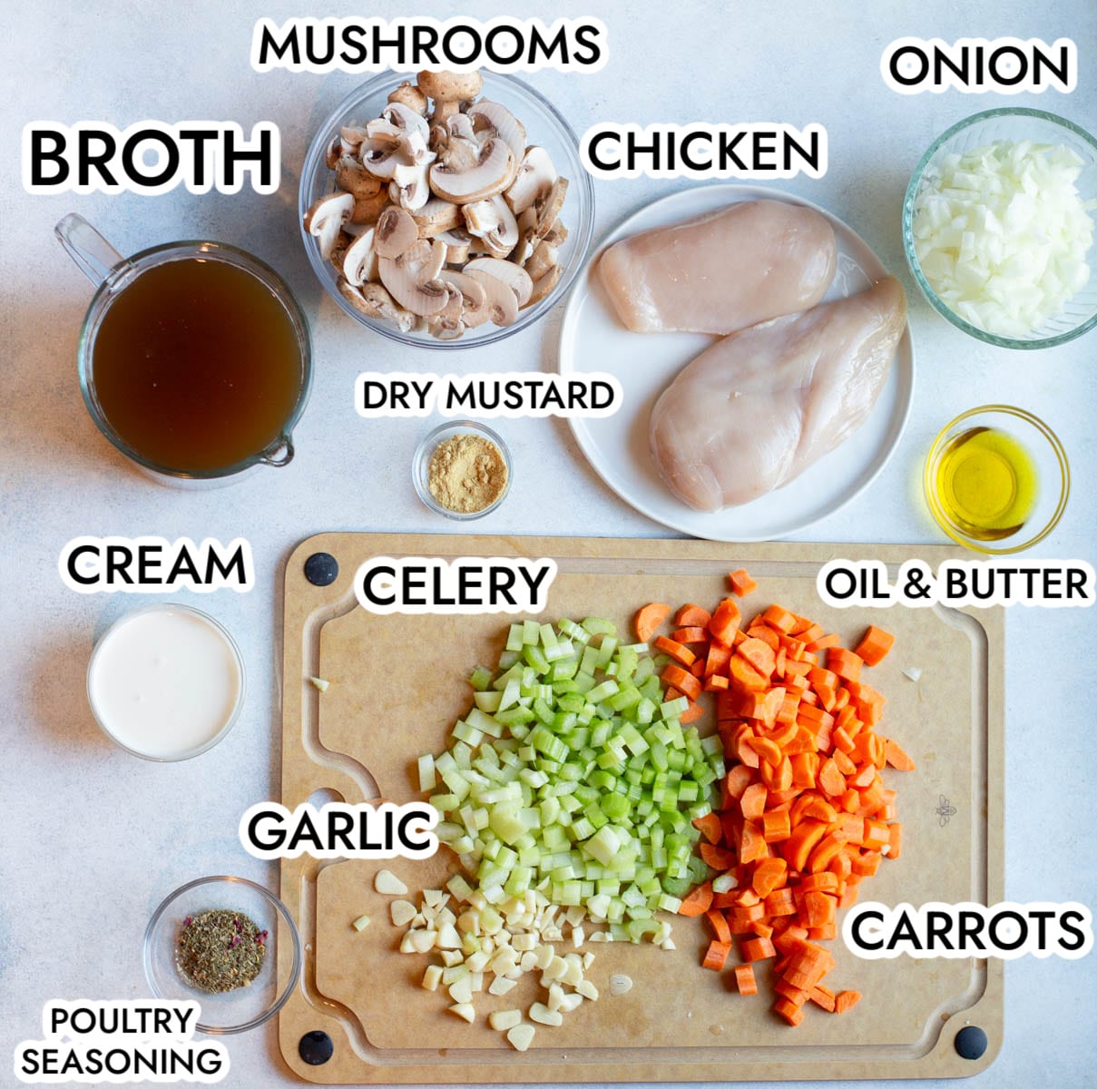Crock Pot Chicken and Mushroom Wild Rice Soup ingredients with a gray background and black text labeling each ingredient 