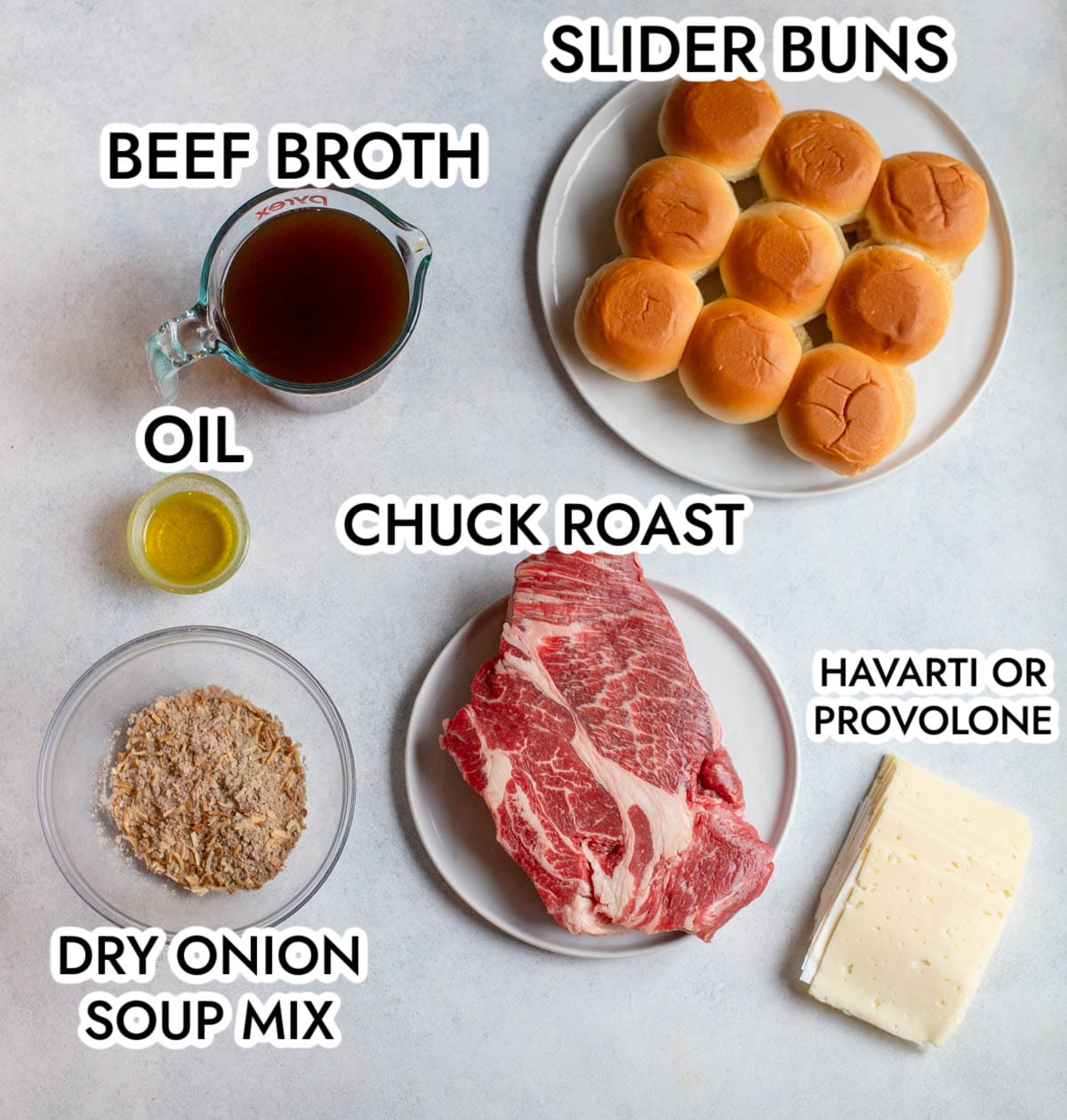 Ingredients in Slow Cooker French Dip Sliders on a gray background with black text labels.